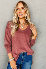 Load image into Gallery viewer, Racing Red Side Slits V Neck Loose Fit Tunic Top - Fashion Queen - 3