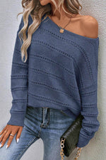 Load image into Gallery viewer, Real Teal Boat Neck Drop Shoulder Pointelle Knit Sweater - Fashion Queen - 3