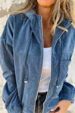 Load image into Gallery viewer, Real Teal Corduroy Drawstring Hooded Pocket Zip Up Jacket - Fashion Queen - 4