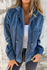 Load image into Gallery viewer, Real Teal Corduroy Drawstring Hooded Pocket Zip Up Jacket - Fashion Queen - 5