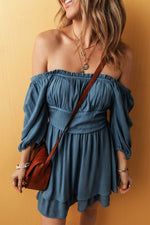 Load image into Gallery viewer, Real Teal Frilled Neckline 3/4 Sleeve Layered Ruched Mini Dress - Fashion Queen - 3