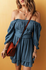 Load image into Gallery viewer, Real Teal Frilled Neckline 3/4 Sleeve Layered Ruched Mini Dress - Fashion Queen - 4