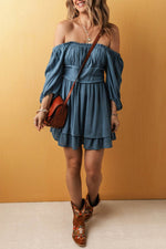 Load image into Gallery viewer, Real Teal Frilled Neckline 3/4 Sleeve Layered Ruched Mini Dress - Fashion Queen - 5