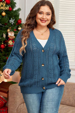 Load image into Gallery viewer, Real Teal Open Knit V Neck Button Front Drop Shoulder Plus Size Cardigan - Fashion Queen - 5