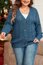 Load image into Gallery viewer, Real Teal Open Knit V Neck Button Front Drop Shoulder Plus Size Cardigan - Fashion Queen - 7