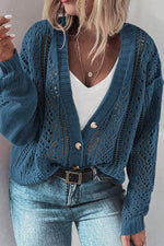 Load image into Gallery viewer, Real Teal Open Knit V Neck Button Front Drop Shoulder Plus Size Cardigan - Fashion Queen - 8