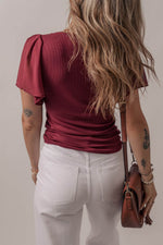 Load image into Gallery viewer, Red Dahlia Mesh Ruffled Sleeve Slim Fit V Neck Top - Fashion Queen - 2