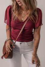 Load image into Gallery viewer, Red Dahlia Mesh Ruffled Sleeve Slim Fit V Neck Top - Fashion Queen - 4