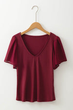Load image into Gallery viewer, Red Dahlia Mesh Ruffled Sleeve Slim Fit V Neck Top - Fashion Queen - 5