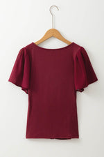 Load image into Gallery viewer, Red Dahlia Mesh Ruffled Sleeve Slim Fit V Neck Top - Fashion Queen - 6