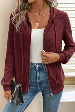 Load image into Gallery viewer, Red Dahlia Ribbed Zip Up Front Drawstring Hoodie - Fashion Queen - 7