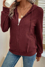 Load image into Gallery viewer, Red Dahlia Ribbed Zip Up Front Drawstring Hoodie - Fashion Queen - 8