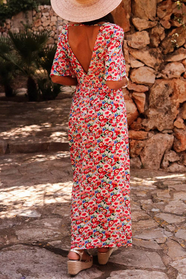 Red Floral Half Sleeve Deep V Neck Cutout Back Split Maxi Dress - Fashion Queen -  2