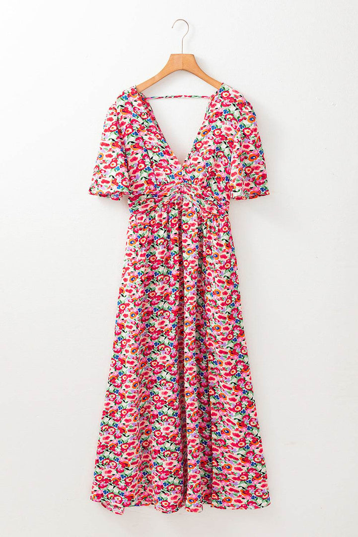 Red Floral Half Sleeve Deep V Neck Cutout Back Split Maxi Dress - Fashion Queen -  9