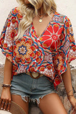 Load image into Gallery viewer, Red Floral Print Batwing Sleeve V Neck Blouse - Fashion Queen - 10