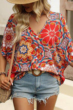 Load image into Gallery viewer, Red Floral Print Batwing Sleeve V Neck Blouse - Fashion Queen - 11