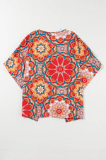 Load image into Gallery viewer, Red Floral Print Batwing Sleeve V Neck Blouse - Fashion Queen - 13