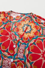 Load image into Gallery viewer, Red Floral Print Batwing Sleeve V Neck Blouse - Fashion Queen - 14