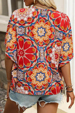 Load image into Gallery viewer, Red Floral Print Batwing Sleeve V Neck Blouse - Fashion Queen - 9
