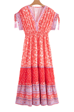 Load image into Gallery viewer, Red Floral Print Tasseled Tied Sleeve Empire Waist Maxi Dress - Fashion Queen - 18