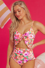 Load image into Gallery viewer, Red Floral Ruffle Trim Cutout Knotted One Piece Swimsuit - Fashion Queen - 1