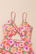 Load image into Gallery viewer, Red Floral Ruffle Trim Cutout Knotted One Piece Swimsuit - Fashion Queen - 12