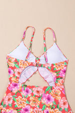 Load image into Gallery viewer, Red Floral Ruffle Trim Cutout Knotted One Piece Swimsuit - Fashion Queen - 13