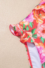 Load image into Gallery viewer, Red Floral Ruffle Trim Cutout Knotted One Piece Swimsuit - Fashion Queen - 15
