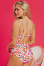 Load image into Gallery viewer, Red Floral Ruffle Trim Cutout Knotted One Piece Swimsuit - Fashion Queen - 2
