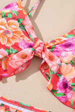 Load image into Gallery viewer, Red Floral Ruffle Trim Cutout Knotted One Piece Swimsuit - Fashion Queen - 21