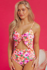 Load image into Gallery viewer, Red Floral Ruffle Trim Cutout Knotted One Piece Swimsuit - Fashion Queen - 3