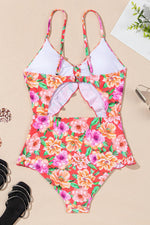 Load image into Gallery viewer, Red Floral Ruffle Trim Cutout Knotted One Piece Swimsuit - Fashion Queen - 9