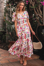 Load image into Gallery viewer, Red Floral Short Sleeve V Neck High Waist Maxi Dress - Fashion Queen - 1
