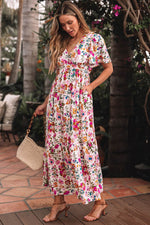 Load image into Gallery viewer, Red Floral Short Sleeve V Neck High Waist Maxi Dress - Fashion Queen - 4