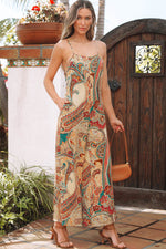 Load image into Gallery viewer, Red Paisley Printed Spaghetti Straps Elegant Wide Leg Jumpsuit - Fashion Queen - 3