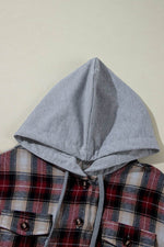 Load image into Gallery viewer, Red Plaid Print Chest Pocket Buttoned Hooded Shacket - Fashion Queen - 11