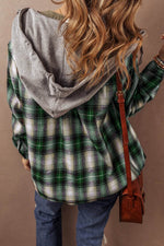 Load image into Gallery viewer, Red Plaid Print Chest Pocket Buttoned Hooded Shacket - Fashion Queen - 13