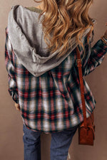 Load image into Gallery viewer, Red Plaid Print Chest Pocket Buttoned Hooded Shacket - Fashion Queen - 2