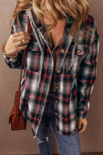 Load image into Gallery viewer, Red Plaid Print Chest Pocket Buttoned Hooded Shacket - Fashion Queen - 3