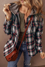 Load image into Gallery viewer, Red Plaid Print Chest Pocket Buttoned Hooded Shacket - Fashion Queen - 4