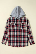 Load image into Gallery viewer, Red Plaid Print Chest Pocket Buttoned Hooded Shacket - Fashion Queen - 5