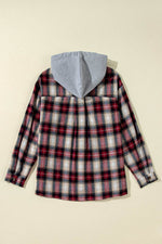 Load image into Gallery viewer, Red Plaid Print Chest Pocket Buttoned Hooded Shacket - Fashion Queen - 6