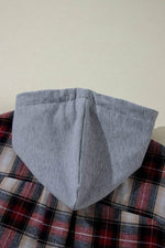 Load image into Gallery viewer, Red Plaid Print Chest Pocket Buttoned Hooded Shacket - Fashion Queen - 7