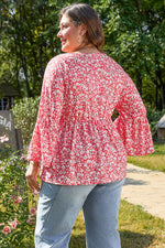 Load image into Gallery viewer, Red Plus Size Floral V Neck Flared Bracelet Sleeve Blouse - Fashion Queen - 2