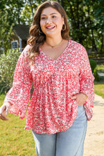 Load image into Gallery viewer, Red Plus Size Floral V Neck Flared Bracelet Sleeve Blouse - Fashion Queen - 3