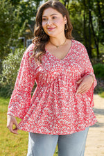 Load image into Gallery viewer, Red Plus Size Floral V Neck Flared Bracelet Sleeve Blouse - Fashion Queen - 4