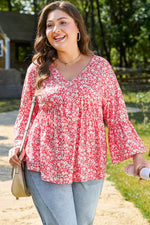Load image into Gallery viewer, Red Plus Size Floral V Neck Flared Bracelet Sleeve Blouse - Fashion Queen - 6
