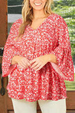 Load image into Gallery viewer, Red Plus Size Floral V Neck Flared Bracelet Sleeve Blouse - Fashion Queen - 8