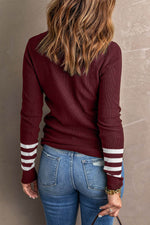 Load image into Gallery viewer, Red Striped Sleeve Plain Knit Sweater - Fashion Queen - 2