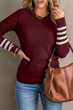 Load image into Gallery viewer, Red Striped Sleeve Plain Knit Sweater - Fashion Queen - 3